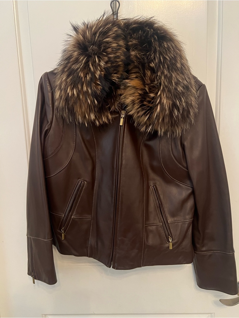 Preston & York Dark Brown Leather Jacket with Fur Trim Collar